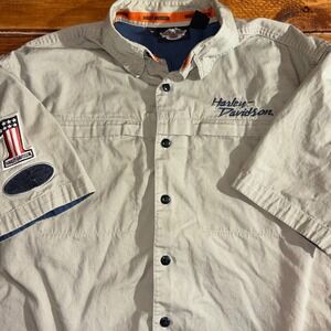 Vtg Harley Davidson Button Down Shirt Men MED Tan Short Sleeve Embroidered Patch